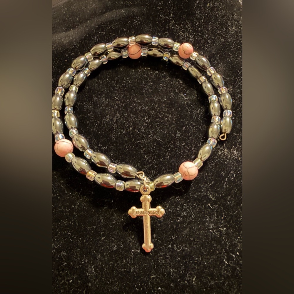 Black and Pink Hematite  Metal Beaded Necklace Jerusalem Silver Cross Choker